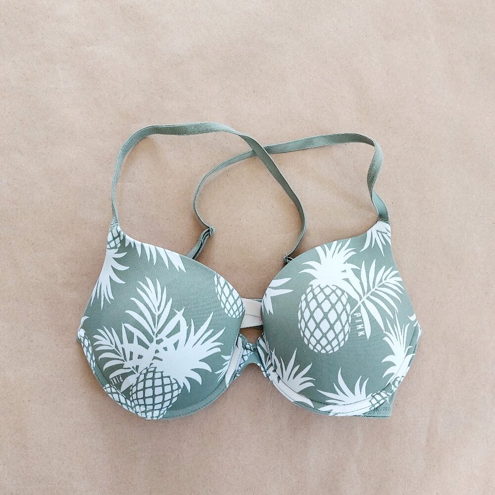 PINK Victoria's Secret Olive Pink Pineapple Swim Top Pushup Bra 32D